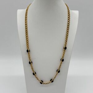 Vintage Monet Gold Tone Curb Chain Necklace Black Cabochon Stations 28"